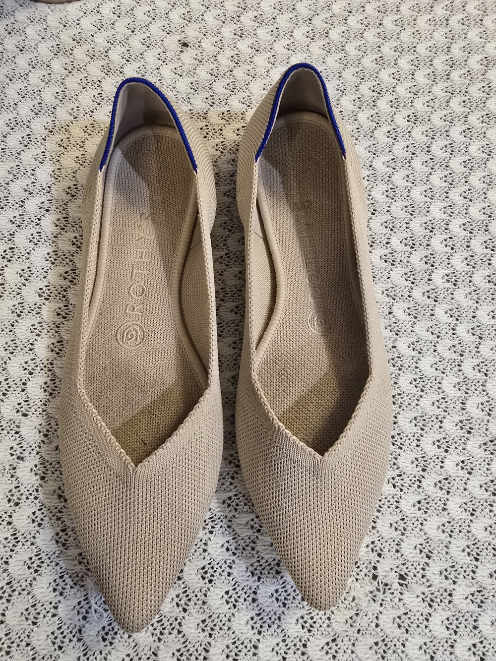 Rothy's Pointed Knit Flats in Beige with Blue Trim